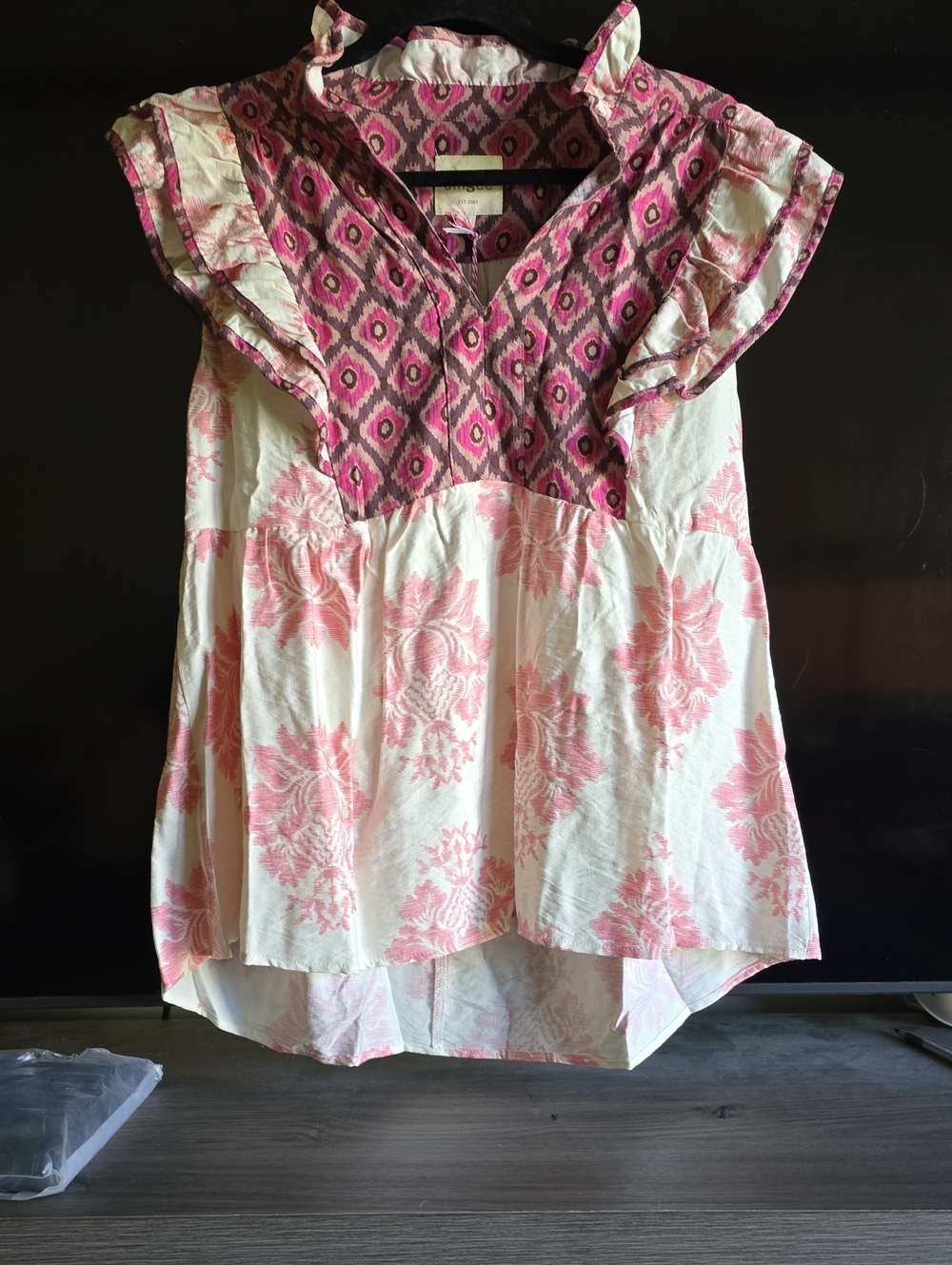 Umgee Pink and Cream Printed Flutter Sleeve Cotton Top